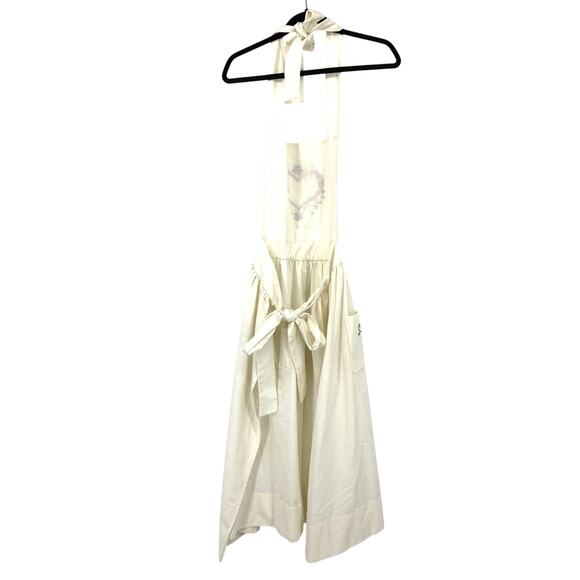 Vintage Cream Long Apron Hand Embroidered Heart + Flowers Two Pockets Tie Waist - Picture 2 of 6
